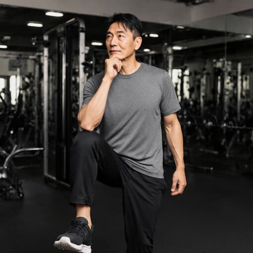 이 이미지는 운동복을 입은 40세 아시아계 남성이 반신 촬영된 모습입니다. 그는 한쪽으로 약간 기울여 한 발을 들어 춤추는 자세를 취하며, 진지한 표정이 장면에 깊이를 더합니다. 운동 기구와 거울이 있는 헬스장 배경이 사진의 활기찬 분위기를 강조합니다.