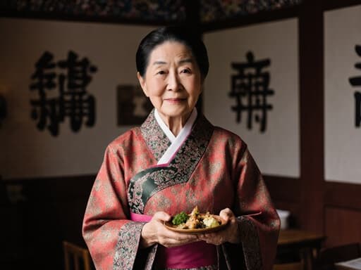 전통 한복을 입고 음식 재료를 손에 들고 인사하는 차분한 표정의 80대 동양인 여성. 한국 전통 장식이 있는 아늑한 카페에서 따뜻한 분위기를 전달합니다.