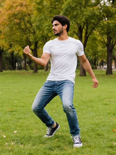 자연스러운 외모를 지닌 30대 라틴계 남성이 캐주얼한 티셔츠와 청바지를 입고, 스타일리시한 운동화를 신고 푸른 공원에서 리드미컬하게 춤추고 있는 전신 사진입니다. 고급스러운 표정과 에너지가 넘치는 분위기가 푸른 잔디와 나무들로 둘러싸인 장면에서 더욱 돋보입니다.