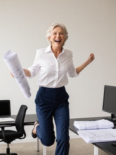60대의 행복한 여성 모델이 흰색 블라우스와 네이비 슬랙스를 입고 건축 도면을 들고 즐겁게 점프하는 모습이 현대적인 건축 사무실에서 촬영되었습니다. 주변에는 설계 도면과 컴퓨터가 놓여 있어 긍정적이고 에너지가 넘치는 분위기를 자아냅니다.