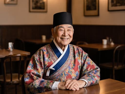 친근한 미소를 지으며 나무 카페 테이블에 앉아 있는 80대 동양인 남성의 따뜻하고 초대하는 느낌의 반신 사진, 전통 한복을 입고 아늑한 카페 분위기 속에 있습니다.