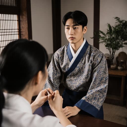 젊은 유럽계 남성 모델이 화려한 한복 의상을 입고 아늑한 전통 한의원에서 진단 도구를 들고 테이블에 기대어 서 있습니다. 그는 한의사를 진지하게 바라보며, 목재 가구와 식물이 있는 배경에서 차분하고 전문적인 분위기를 연출합니다.