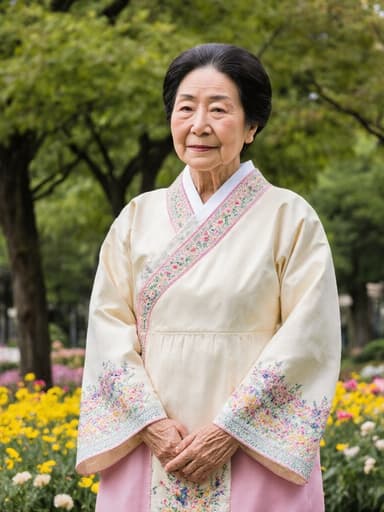 70대 백인 여성이 화려한 자수가 있는 전통 한복을 입고, 푸르른 나무와 꽃들이 가득한 공원에서 평온한 표정을 지으며 서 있는 전체 사진. 삶에 대한 깊은 감사함을 표현하고 있습니다.