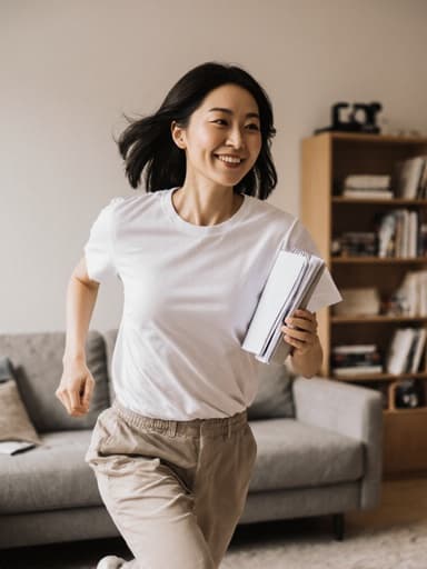 30대 동양인 여성의 전신 샷으로, 캐주얼한 티셔츠와 편안한 바지를 입고 문서나 노트를 들고 달리는 모습이 아늑한 거실에서 촬영되었습니다. 그녀는 편안한 표정을 지으며 전문성과 편안함이 조화를 이루고 있습니다.