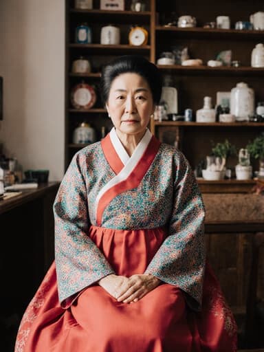 60대 한국 여성이 전통 한복을 입고 한의원에 앉아 있는 모습의 반신 사진. 무표정으로 진지한 표정을 지으며 무릎 위에 가볍게 손을 올리고, 한약재와 치료 도구들로 가득한 공간에서 문화적 의미가 담긴 장면을 연출합니다.