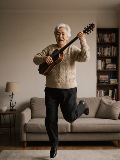 70대 아시아계 여성이 편안한 니트 스웨터와 바지를 입고 악기를 들고 점프하는 모습의 전신 사진. 배경은 소파와 책장이 있는 아늑한 거실로, 편안한 분위기를 연출하고 있습니다.