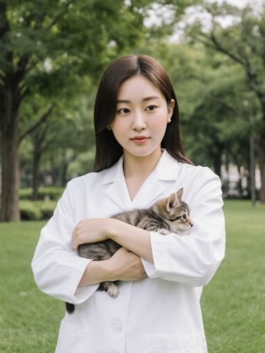한 젊은 한국인 여성이 흰색 실험복과 운동화를 입고 한적한 공원에서 작은 동물을 안고 서 있습니다. 그녀는 차분한 표정을 지으며 동물을 애정 어린 시선으로 바라보고 있으며, 주변의 푸른 나무와 잔디가 이 장면의 평온한 분위기를 더해줍니다.