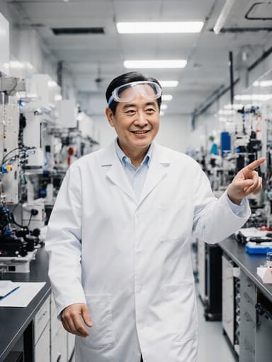 최신 장비가 갖춰진 실험실을 배경으로 흰색 실험복과 안전 안경을 착용한 50대 한국인 남성이 자신감 있는 모습으로 걸어가며 실험실 장비를 가리키고 있는 전신 샷입니다. 지적이고 전문적인 분위기를 연출합니다.