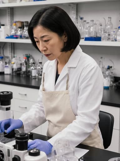 40대 아시아계 여성의 반신 사진으로, 자연스러운 외모를 가진 모델이 편안한 연구복과 앞치마를 착용하고 있습니다. 그녀의 얼굴에는 걱정스러운 표정이 있으며, 실험 장비를 다루며 집중하는 모습이 돋보입니다. 배경은 현대적인 연구 공간으로 실험실처럼 디자인되어 있으며, 과학적 도구와 장비로 가득 차 있습니다. 전체적인 분위기는 연구에 대한 집중과 헌신을 나타냅니다.