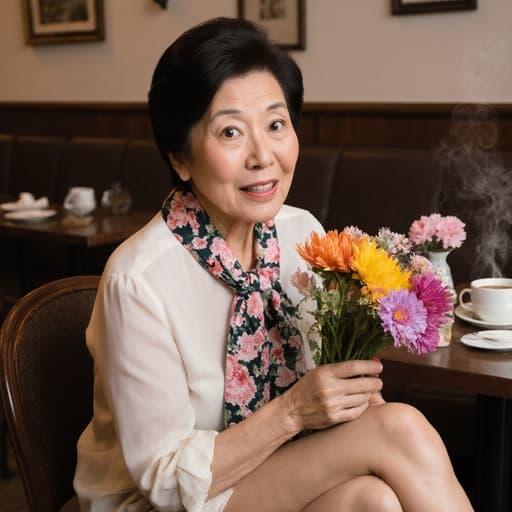 이미지는 60대 동양인 여성이 편안한 블라우스와 꽃무늬 스카프를 착용하고, 화려한 꽃다발을 들고 있는 모습을 보여줍니다. 그녀의 당황한 표정은 장면에 흥미로운 요소를 더하며, 아늑한 카페 배경은 따뜻한 분위기를 강조하여 장면을 매력적으로 만듭니다.
