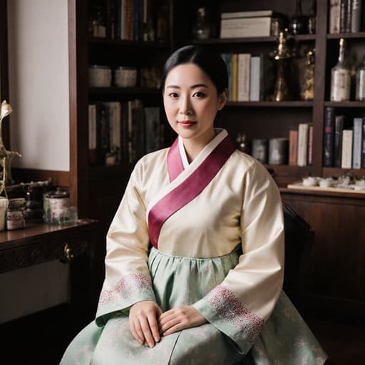 30대 아시아계 여성의 반신 사진으로, 전통 한의원에 앉아 우아함을 발산하며 자신감이 느껴진다. 그녀는 고급스러운 색상과 우아한 디자인의 한복을 입고 있으며, 소매가 아름답게 펼쳐져 있다. 표정은 차분하고 자신감이 넘치며, 손은 자연스럽게 무릎 위에 놓여 있다. 배경은 한의학 관련 도구와 책들로 가득한 아늑한 공간으로, 그녀의 의상과 잘 어우러져 문화적인 분위기를 더해준다.