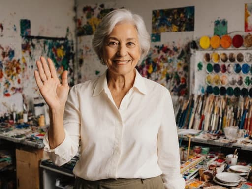 50대의 혼혈 여성의 반신 초상으로, 편안한 블라우스와 바지를 입고 따뜻한 미소를 지으며 팔을 약간 들어 인사하는 모습입니다. 배경은 다양한 페인트와 그림 도구가 가득한 색채가 풍부한 아트 스튜디오로, 생동감 넘치고 영감을 주는 분위기를 자아냅니다.
