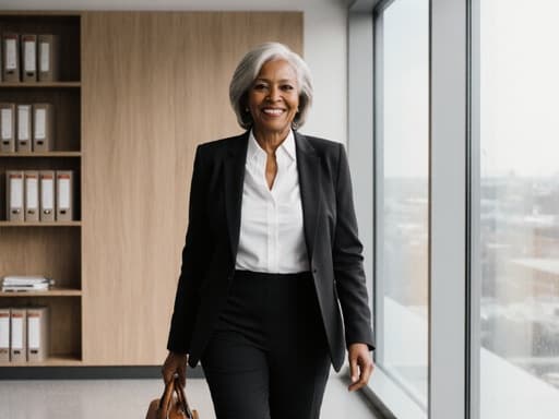 50대 아프리카계 여성의 반신 촬영으로, 깔끔한 블라우스와 블랙 자켓을 입고, 서류 가방을 들고 법정으로 향하는 모습입니다. 배경은 책장이 있는 모던한 법률 사무실로 대형 창문이 있어 자연광이 들어옵니다. 그녀는 따뜻한 미소를 띠고 있으며, 전문성과 결단력을 발산합니다.