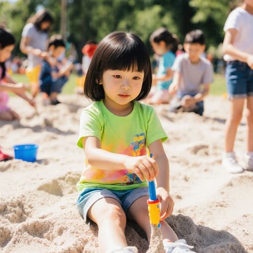햇살이 비추는 공원에서 편안한 운동화와 밝은 색상의 티셔츠와 반바지를 입은 7세 아시아계 귀여운 소녀가 앉아 있으며, 소중한 모래놀이 도구를 손에 쥐고 지루한 표정을 짓고 있습니다. 배경에는 모래놀이를 즐기는 다른 아이들이 있어 활기차고 즐거운 분위기를 만들어냅니다.