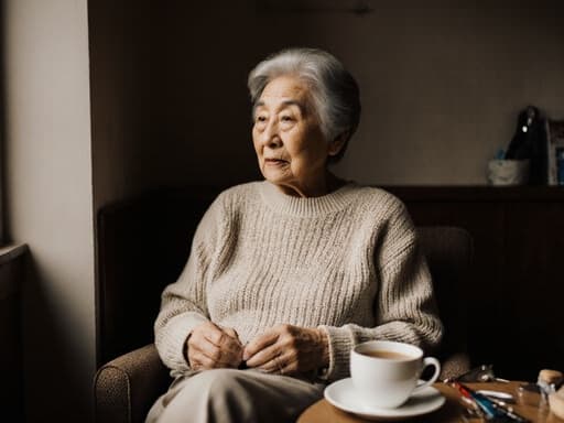 아늑한 카페에서 편안한 니트 스웨터와 바지를 입은 70대 아시아계 여성의 반신 촬영. 그녀는 바느질을 하면서도 무관심한 표정을 지으며 카페를 바라보고 있습니다. 테이블 위에는 커피잔과 바느질 도구가 놓여 있어 편안하고 초대하는 분위기를 자아내고 있습니다.