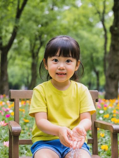 밝은 색상의 티셔츠와 반바지를 입고 의자에 앉아 손을 씻고 있는 귀여운 7세 아시아계 소녀의 반신 사진. 그녀는 배고픈 표정을 지으며, 나무와 꽃들이 어우러진 평화로운 공원에서 자연스럽게 물과 상호작용하고 있습니다.