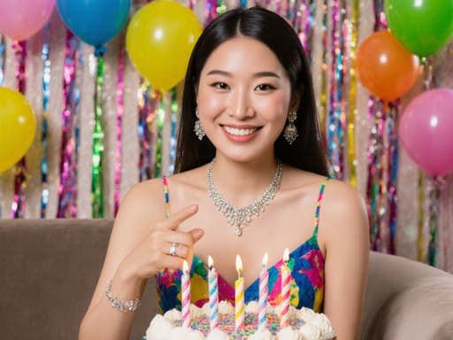 20대 동양인 여성이 자연스러운 모습으로 소파에 앉아 생일 파티에서 즐겁게 미소짓고 있습니다. 화려한 드레스와 세련된 액세서리를 착용하고, 앞에 있는 생일 케이크를 가리키며 기쁜 감정을 드러내고 있습니다. 화려한 장식과 풍선들로 꾸며진 파티 공간이 축제 분위기를 자아냅니다.
