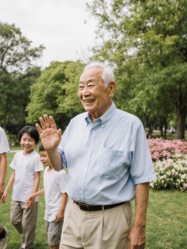이 이미지는 80대의 아시아계 남성이 깔끔한 셔츠와 편안한 바지를 입고, 가족을 바라보며 지혜롭게 미소 짓고 있는 모습을 담고 있습니다. 배경은 푸르른 나무와 다채로운 꽃들이 있는 아름다운 공원으로, 평화로운 분위기 속에서 즐거운 가족 모임을 반영합니다.
