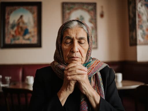 이미지에는 전통 의상을 입고 화려한 스카프를 두른 중동계 80대 여성이 등장하며, 아늑한 카페 환경에서 촬영되었습니다. 그녀의 표정은 약간 지루하며 눈이 약간 감겨 있고, 두 손을 가슴 앞에서 모으며 인사하는 자세로, 전통적인 예술 작품들이 배경을 이루고 있습니다.