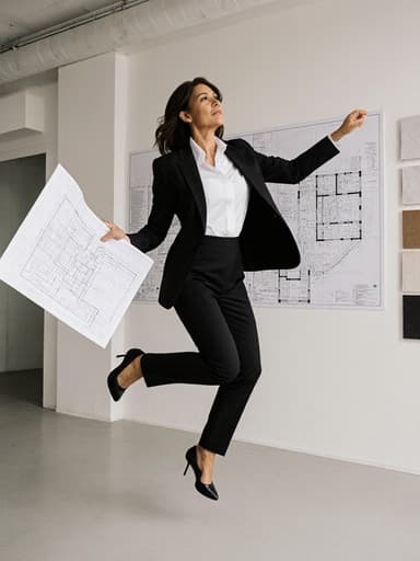 50대 라틴계 여성이 블랙 수트와 흰색 블라우스를 착용하고 건축 도면을 펼쳐 놓고 점프하는 모습의 전신 사진. 현대적인 설계 스튜디오 배경에서 에너지와 전문성을 겸비한 모습을 보여줍니다.