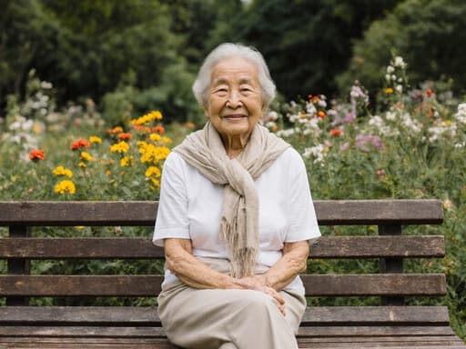 70대 동양인 여성이 편안한 티셔츠와 바지를 착용하고 가벼운 스카프를 두르고 있는 반신 사진. 그녀는 나무 벤치에 앉아 다리를 교차한 자세로 여유로운 모습으로 미소를 짓고 있으며, 약간 피곤한 기색이 있지만 평온한 표정을 보이고 있습니다. 그녀를 둘러싼 푸르른 나무와 꽃이 가득한 공원이 있어, 그녀의 평화로운 존재감을 더욱 돋보이게 합니다.