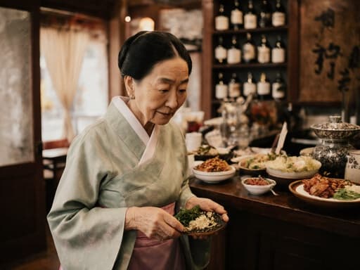 이 이미지는 전통 한복을 입은 80대 동양인 여성을 반신 촬영한 모습입니다. 그녀는 전통 음식을 만들기 위한 재료를 들고 아늑한 카페의 조리대 쪽으로 걸어가고 있으며, 생각에 잠긴 외로운 표정을 짓고 있습니다. 따뜻한 분위기의 배경은 다양한 전통 음식 재료를 포함하여 장면의 전체적인 따뜻함과 문화적 본질을 강조합니다.