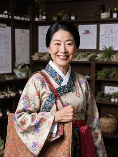 60대 혼혈 여성이 전통 한의원에서 밝은 색상의 패턴 한복을 입고 자신감 있게 서 있습니다. 그녀는 어깨에 한의사 가방을 메고 환한 미소를 지으며, 배경에는 약재와 차트가 배치되어 아늑하고 전문적인 분위기를 만들어냅니다.