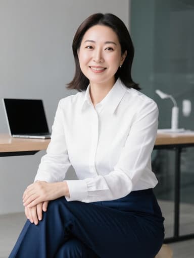 40대 한국인 여성의 반신 사진으로, 화이트 블라우스와 네이비 슬랙스를 입고 편안하게 미소 지으며 현대적인 사무실에서 크로스 레그로 앉아 있는 모습입니다.