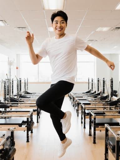 필라테스 복장을 입은 10대 후반 아시아계 남성이 밝고 정돈된 스튜디오에서 매트 위에서 점프하며 친근한 미소와 긍정적인 에너지를 보여주고 있습니다.