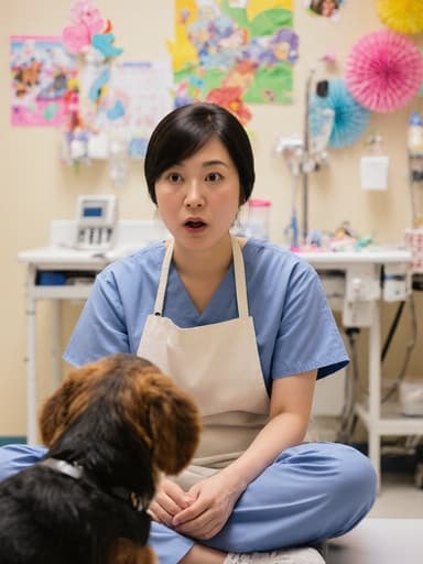 병원 내부의 동물 치료 공간에서 편안한 스크럽 복과 앞치마를 착용한 30대 아시아계 여성의 반신 촬영. 그녀는 놀란 표정을 지으며 동물 치료를 위해 준비 중이며, 배경에는 의료 장비와 애완동물 관리 용품이 보이며 따뜻하고 전문적인 분위기를 강조합니다.