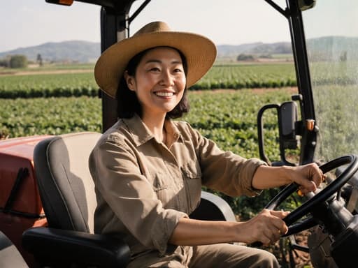 40대 아시아계 여성이 편안한 작업복과 모자를 착용하고 매력적인 미소를 지으며 농기계를 조작하는 모습, 자연적인 농장 풍경이 배경으로 펼쳐져 있습니다.