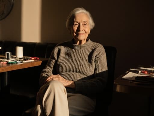 70대의 혼혈 여성의 반신 사진으로, 자연스러운 아름다움이 드러납니다. 그녀는 편안한 니트 스웨터와 면바지를 입고 아늑한 카페 테이블에 앉아 있습니다. 따뜻한 조명이 카페의 초대하는 분위기를 더욱 강조하며, 테이블 위에는 다양한 바느질 도구들이 흩어져 있습니다. 그녀는 피곤한 표정을 짓고 있지만, 바느질을 하다 잠시 쉬며 다리를 뻗고 앉아 있어 약간의 미소가 느껴집니다. 이 장면은 평화롭고 창조적인 순간을 포착하여, 따뜻하고 환영받는 환경에서의 공예의 즐거움을 강조합니다.