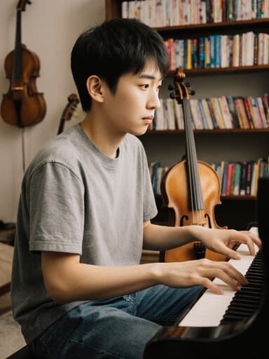 10대 초반 아시아계 남성이 편안한 티셔츠와 청바지를 입고, 악기를 연주하려고 앉아 있는 모습이 반신 샷으로 포착되었습니다. 그는 당황한 표정을 지으며, 음악 수업을 받는 듯한 아늑한 거실 배경에는 음악 자료가 가득한 책장과 여러 악기가 배치되어 있어 음악과의 연결감을 강조합니다.