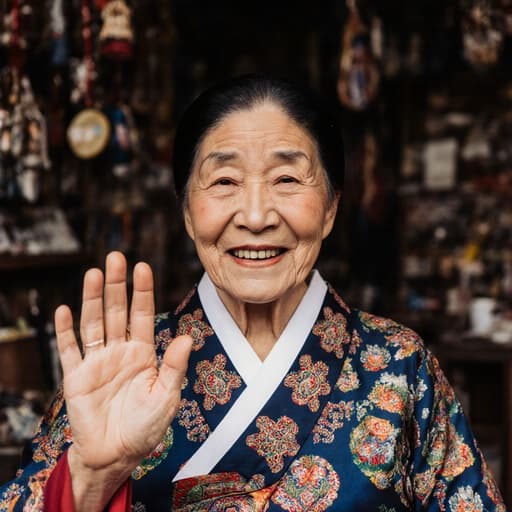 70대 아시아계 여성이 화려한 문양의 전통 한복을 입고 따뜻한 미소를 지으며 가슴 높이로 손을 올려 인사하는 모습의 반신 촬영, 전통 공예품이 전시된 아늑한 공방 배경.