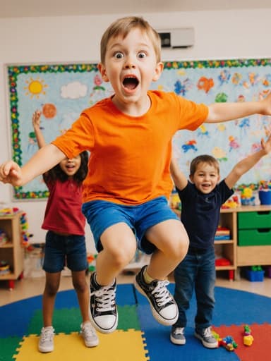 밝은 색상의 티셔츠와 반바지를 입고 놀라운 표정을 짓고 있는 백인 소년이 친구들과 함께 점프하는 모습, 유치원 교실의 컬러풀한 인테리어와 아이들이 그린 그림, 장난감들이 어우러져 즐거운 분위기를 연출합니다.