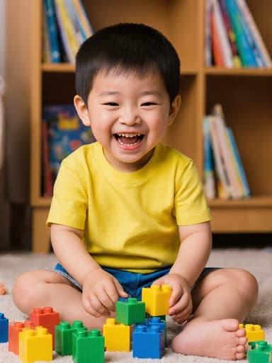 아늑한 거실 바닥에 앉아 밝은 티셔츠와 반바지를 입은 즐거운 3세 아시아계 남아의 반신 사진. 그는 장난감과 책장이 있는 공간에서 색색의 블록을 가지고 놀며 행복을 발산하고 있습니다.