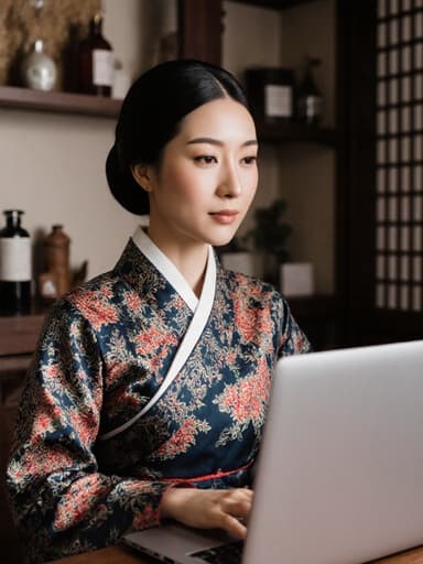 30대 중동계 여성이 화려한 전통 한복을 입고, 아늑한 한의 치료실에서 자신감 있게 노트북을 사용하는 모습을 담은 반신 사진. 따뜻하고 초대하는 분위기를 연출합니다.