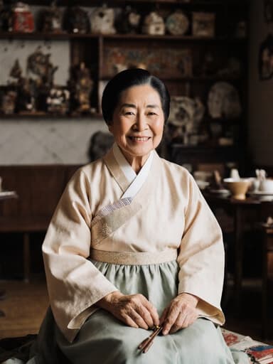 전통 한복을 입은 70대 아시아계 여성의 반신 사진. 아늑한 카페에서 전통 공예 도구를 들고 다정한 미소를 지으며 크로스 레그로 앉아 있습니다. 전통 공예 작품으로 장식된 카페의 분위기가 그녀의 문화유산을 강조하며 잔잔한 느낌을 줍니다.