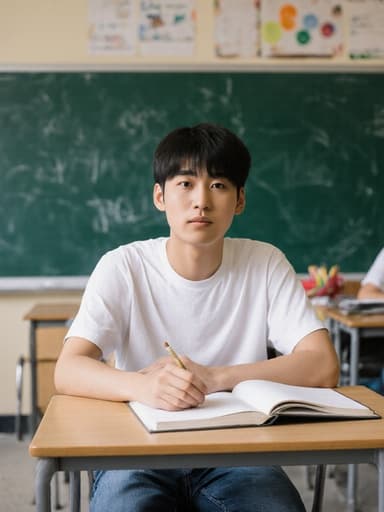 10대 후반의 동양인 남성이 편안한 티셔츠와 청바지를 입고 학교 교실의 책상에 앉아 공책에 엎드려 무관심한 표정을 짓고 있습니다. 학습 자료와 자연광이 가득한 교실 환경이 차분하고 집중된 분위기를 만들어냅니다.