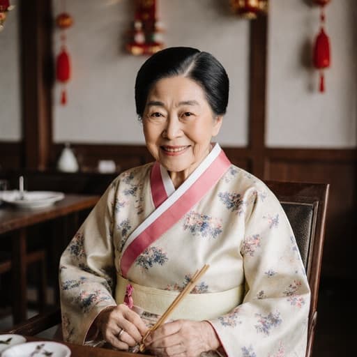 이 이미지는 80대의 혼혈 여성의 반신 사진을 담고 있으며, 부드러운 패턴의 전통 한복을 입고 있습니다. 그녀는 한국 카페에 앉아 전통 놀이 도구를 들고 고마워하는 미소를 지으며, 따뜻한 분위기를 더하는 전통 장식으로 둘러싸여 있습니다.