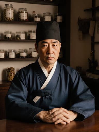 40대 한국인 남성이 전통 한복을 입고 테이블에 앉아 지루한 표정을 짓고 있는 반신 사진입니다. 배경에는 한약재와 침술 도구가 진열된 전통 한의원 내부가 있어 문화적인 분위기를 자아냅니다.