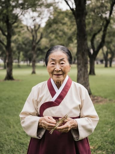 여유로운 공원 배경 속에서 전통 한복을 입고 전통 음식 재료를 들고 있는 80대 한국인 여성의 반신 사진. 그녀는 지혜롭고 부드러운 미소를 지으며 편안한 분위기를 자아냅니다.