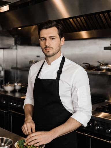 30대 유럽계 남성이 자연스러운 외모로 흰색 셔츠와 검은색 앞치마를 착용하고, 요리 재료를 들고 무관심한 표정을 지으며 모던한 레스토랑 주방에 서 있는 반신 사진.
