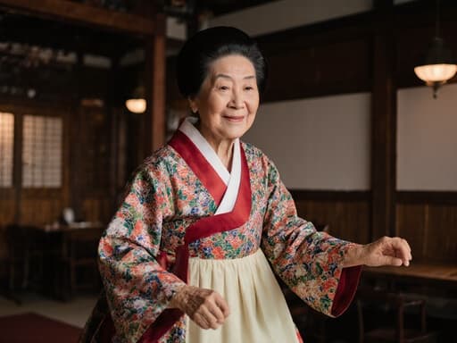전통 한복을 입은 80세 백인 여성의 반신 사진으로, 전통 놀이를 하며 기쁘게 점프하는 모습이 담겨 있습니다. 아늑한 전통 카페 내부에서 촬영되어 문화적인 분위기를 강조하며 그녀의 자연스러운 아름다움과 차분한 행복을 보여줍니다.