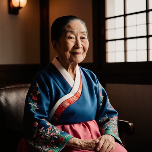 70대의 한국인 여성의 온화한 표정을 담은 반신 샷. 그녀는 화려한 색감과 섬세한 자수를 지닌 전통 한복을 입고 있으며, 아늑한 카페의 창가에 앉아 무릎에 손을 얹고 부드럽게 미소 지으며 전통 춤을 회상하는 모습이 따뜻한 조명 아래서 조화롭게 펼쳐진다.