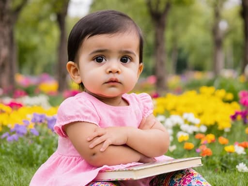중동계 1세 아기 여자아이가 화사한 공원에 앉아 있는 반신 사진입니다. 그녀는 귀여운 분홍색 원피스와 화사한 꽃무늬 레깅스를 입고 있으며, 지루한 표정을 지으며 큰 눈을 뜨고 팔짱을 끼고 책을 한 손에 들고 있습니다. 배경은 색색의 꽃과 나무로 가득 차 있어 생동감 넘치는 분위기를 연출합니다.