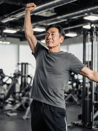 50대의 건강한 한국 남성이 현대적인 피트니스 공간에서 편안한 운동복을 입고 스트레칭을 하고 있습니다. 한쪽 팔을 머리 위로 올리고 다른 팔은 옆으로 펼치며 자신감과 차분함을 동시에 나타내고 있습니다. 배경에는 다양한 운동 기구와 밝은 조명이 있어 에너지가 넘치고 초대하는 분위기를 만들어냅니다.