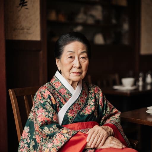 80대 동양인 여성의 반신 이미지로, 화려한 색상과 섬세한 자수가 돋보이는 전통적인 한복을 입고, 의자에 팔짱을 낀 채로 깊은 생각에 잠긴 표정을 짓고 있으며, 주변에는 전통적인 한국 소품들이 놓여 있어 따뜻하고 사색적인 분위기를 자아냅니다.