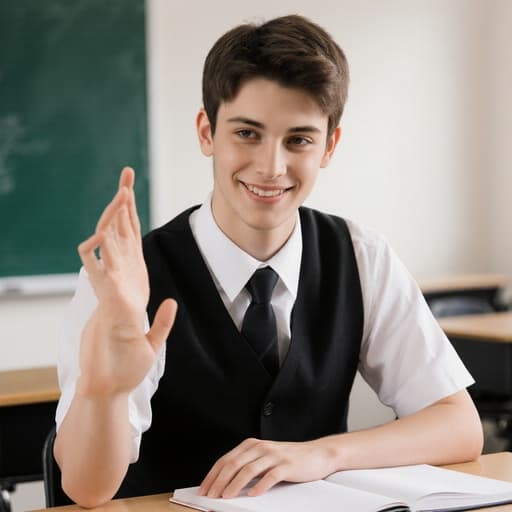 학교 교복을 입은 유럽계 남자 어린이가 교실에 앉아 밝은 미소로 손을 들고 질문을 하고 있는 모습, 환하고 매력적인 교육 환경 속에서.