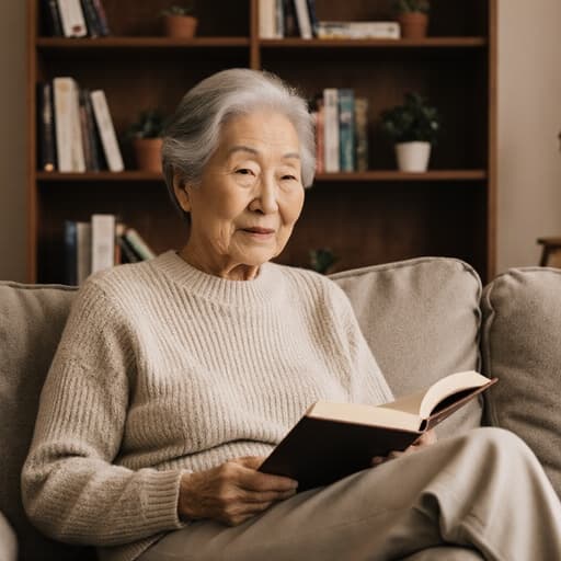 70대의 한국인 여성이 편안한 니트 스웨터와 면바지를 입고 소파에 앉아 책을 들고 있는 반신 사진입니다. 여유롭고 편안한 표정은 아늑한 거실의 따뜻한 분위기를 더해 주며, 책장과 작은 화분이 배치되어 있습니다.